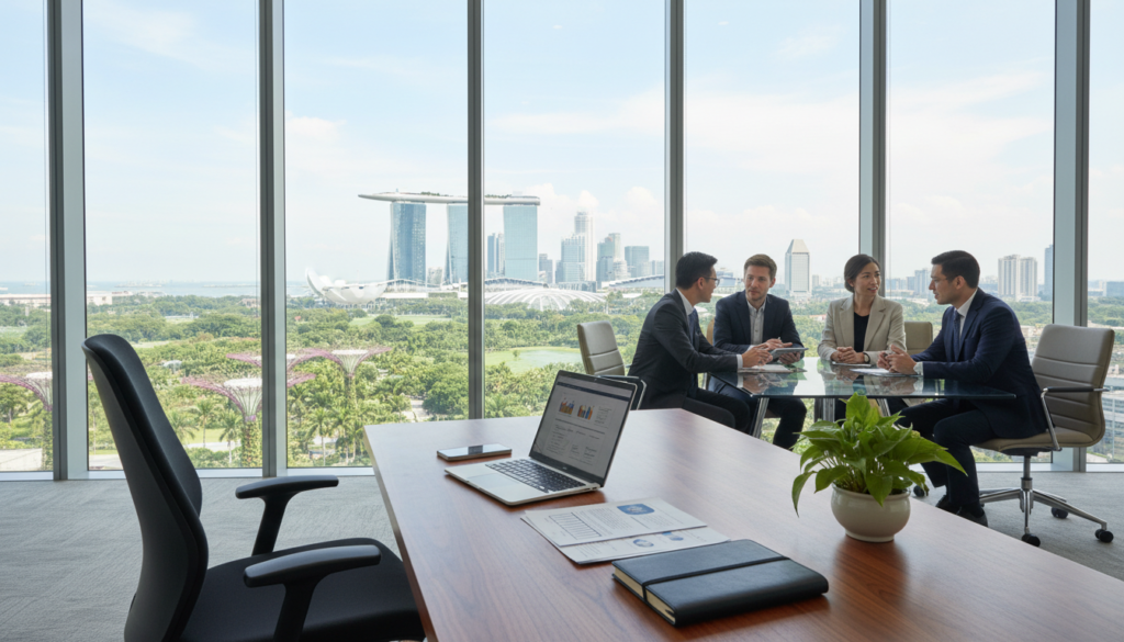 A modern, professional office setting in Singapore showcasing a chic workspace with a polished wooden desk, sleek ergonomic chair, and a backdrop of large windows revealing a stunning city skyline. In the foreground, a well-organized desk featuring a laptop, business documents, and a potted plant adds a touch of greenery. In the middle ground, a group of diverse individuals in professional attire are engaged in a discussion, symbolizing collaboration and business activity. The background features iconic Singaporean architecture and lush greenery outside, emphasizing a vibrant urban environment. Lighting is bright and natural, creating an inviting atmosphere that reflects a productive workspace. The image should be photorealistic, capturing details like reflections in the glass and textures of office materials. A modern, professional office setting in Singapore showcasing a chic workspace with a polished wooden desk, sleek ergonomic chair, and a backdrop of large windows revealing a stunning city skyline. In the foreground, a well-organized desk featuring a laptop, business documents, and a potted plant adds a touch of greenery. In the middle ground, a group of diverse individuals in professional attire are engaged in a discussion, symbolizing collaboration and business activity. The background features iconic Singaporean architecture and lush greenery outside, emphasizing a vibrant urban environment. Lighting is bright and natural, creating an inviting atmosphere that reflects a productive workspace. The image should be photorealistic, capturing details like reflections in the glass and textures of office materials.