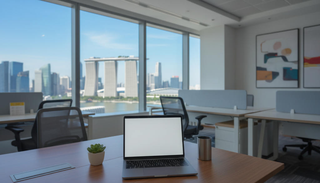 A modern, professional office setup inside a sleek, high-rise building in Singapore, capturing the essence of a virtual office environment. In the foreground, a polished wooden desk with a laptop, a potted plant, and a stylish pen holder. The middle ground features a large window showcasing a panoramic view of Singapore's skyline with iconic skyscrapers under a bright, clear blue sky. In the background, softly blurred office furniture and décor, suggesting a bustling yet organized workspace. The lighting is bright and natural, casting gentle shadows to enhance the depth of the scene. The overall mood is inspiring and professional, reflecting the credibility and vibrancy of Singapore’s business atmosphere. No text or signatures present.