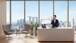 A modern reception area featuring a professional receptionist receiving a phone call, dressed in smart business attire. The foreground showcases a sleek reception desk with a high-end telephone and a computer monitor displaying a digital dashboard. In the middle ground, a comfortable waiting area is adorned with stylish furniture and potted plants, conveying a welcoming environment. The background includes a large window with a view of Singapore’s skyline, sunny and bright, enhancing the professional atmosphere. The image is illuminated with soft, natural lighting creating a warm and inviting ambiance, captured with a wide-angle lens to emphasize the spaciousness of the office. The overall mood is organized, efficient, and dynamic, reflecting the essence of virtual office services.