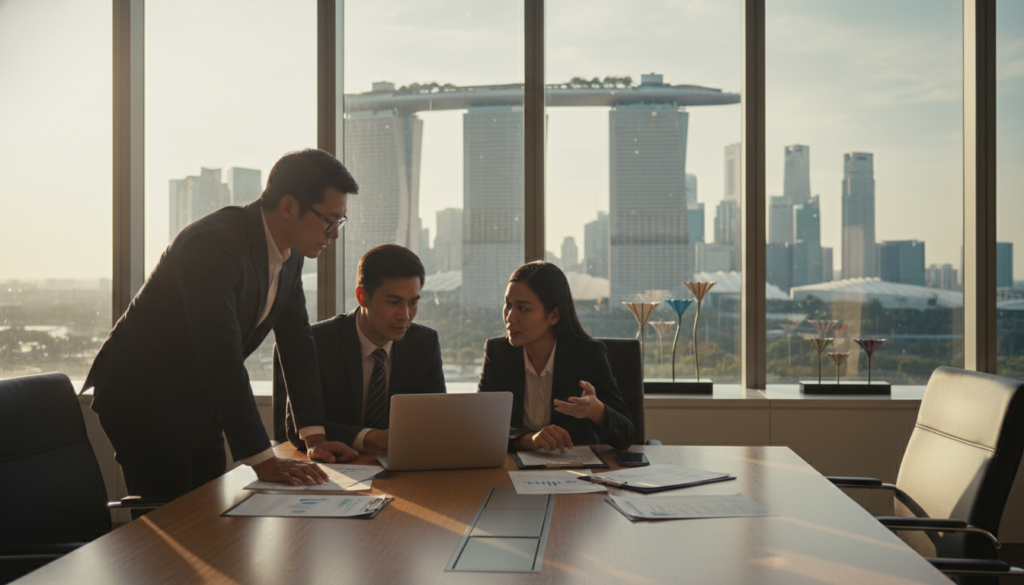 A modern, sleek office setting in Singapore, emphasizing the theme of company incorporation. Foreground features a diverse group of two professional businessmen and a businesswoman in smart business attire discussing over a laptop, portraying collaboration. In the middle ground, a stylish conference table with legal documents, forms, and a decorative Singaporean skyline visible through large glass windows. The background showcases iconic landmarks like the Marina Bay Sands and Gardens by the Bay, bathed in warm sunlight, adding vibrancy to the scene. Use natural lighting to create an inviting atmosphere. The image should evoke a feeling of professionalism and opportunity in a bustling business environment, focused on successful company establishment. A modern, sleek office setting in Singapore, emphasizing the theme of company incorporation. Foreground features a diverse group of two professional businessmen and a businesswoman in smart business attire discussing over a laptop, portraying collaboration. In the middle ground, a stylish conference table with legal documents, forms, and a decorative Singaporean skyline visible through large glass windows. The background showcases iconic landmarks like the Marina Bay Sands and Gardens by the Bay, bathed in warm sunlight, adding vibrancy to the scene. Use natural lighting to create an inviting atmosphere. The image should evoke a feeling of professionalism and opportunity in a bustling business environment, focused on successful company establishment.