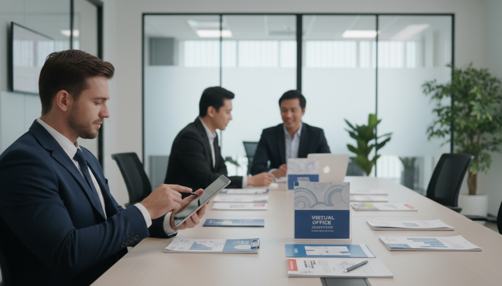 A modern, sleek office setting showcasing diverse providers of virtual office services. In the foreground, a well-dressed business professional in a tailored suit is reviewing service packages on a sleek tablet, reflecting a sense of decision-making and engagement. In the middle ground, a large table displays brochures of various virtual office packages with appealing graphics, while a friendly consultant in professional attire assists another client. The background highlights a contemporary office design with glass partitions, greenery for freshness, and soft natural lighting coming through large windows, creating a warm, inviting atmosphere conducive to business discussions. The overall mood is professional yet approachable, emphasizing the importance of selecting the right provider for business needs.