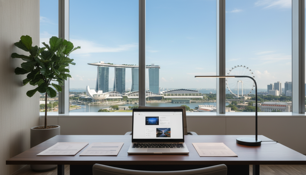 A modern, sleek virtual office setup in Singapore, showcasing a professional workspace. In the foreground, a polished wooden desk with a high-end laptop open, documents neatly organized, and a stylish desk lamp casting warm light. In the middle ground, a large window revealing a panoramic view of Singapore's skyline, featuring iconic buildings such as Marina Bay Sands and the Singapore Flyer, under a bright blue sky. Soft, natural light fills the room, creating an inviting atmosphere. In the background, a subtle green plant adds a touch of nature, emphasizing a fresh, innovative work environment. The overall mood is professional and inspiring, perfect for startup founders looking for flexibility in their virtual office. A modern, sleek virtual office setup in Singapore, showcasing a professional workspace. In the foreground, a polished wooden desk with a high-end laptop open, documents neatly organized, and a stylish desk lamp casting warm light. In the middle ground, a large window revealing a panoramic view of Singapore's skyline, featuring iconic buildings such as Marina Bay Sands and the Singapore Flyer, under a bright blue sky. Soft, natural light fills the room, creating an inviting atmosphere. In the background, a subtle green plant adds a touch of nature, emphasizing a fresh, innovative work environment. The overall mood is professional and inspiring, perfect for startup founders looking for flexibility in their virtual office.