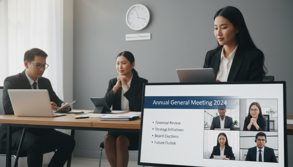 A modern virtual annual general meeting setup, featuring a sleek, digital conference room with a large screen displaying a professional presentation in the foreground. In the middle, a group of diverse professionals, dressed in smart business attire, actively engaging in the meeting. One person is sharing their screen while others are seen listening attentively, taking notes, and nodding in agreement. In the background, there are elements like a tidy desk with a laptop, paperwork, and a clock indicating time management, emphasizing the importance of statutory timelines. Soft, natural lighting creates a professional atmosphere, and the angle captures both the screen and the participants, ensuring a balanced composition. The overall mood is focused and collaborative.