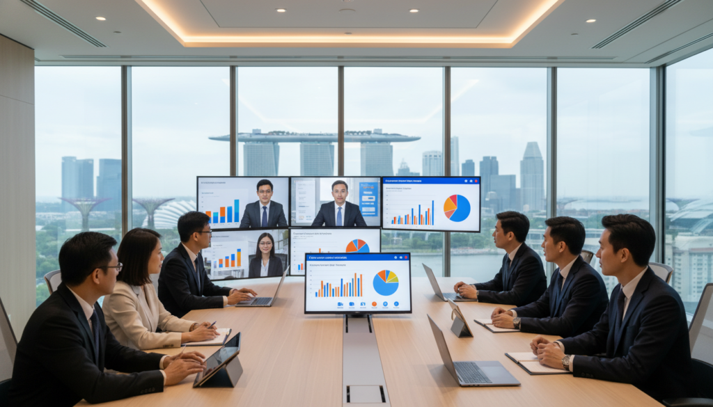 A modern virtual meeting scene depicting a corporate electronic Annual General Meeting (AGM) in Singapore. In the foreground, a diverse group of professionals dressed in business attire engaging through a video conference platform on multiple screens. The middle ground features a sleek office space with a large conference table and laptops open, showcasing graphs and charts related to company performance. In the background, iconic Singaporean architecture can be subtly seen through a glass window, hinting at the location. The lighting is bright and inviting, with natural light filtering in and soft ambient lighting enhancing the high-tech atmosphere. The overall mood is collaborative and focused, reflecting the professionalism of the meeting format.