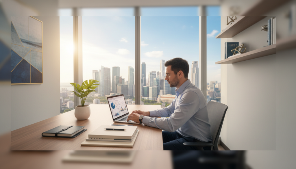 A modern virtual office environment set in Singapore, showcasing sleek, minimalist design. In the foreground, a stylish desk with a high-end laptop, organized notepads, and a chic plant adds warmth. A professional, casually dressed individual in business attire works intently at the desk, exuding focus and creativity. In the middle ground, a large window reveals a stunning view of iconic Singapore skyscrapers, bathing the room in natural light that enhances the atmosphere of productivity. The background features contemporary wall art and subtle decor emphasizing a vibrant yet professional workspace. The scene conveys a clean, efficient, and engaging ambiance, perfect for eCommerce businesses thriving in the digital age. Photorealistic style with a soft focus lens to capture a serene yet dynamic work environment. A modern virtual office environment set in Singapore, showcasing sleek, minimalist design. In the foreground, a stylish desk with a high-end laptop, organized notepads, and a chic plant adds warmth. A professional, casually dressed individual in business attire works intently at the desk, exuding focus and creativity. In the middle ground, a large window reveals a stunning view of iconic Singapore skyscrapers, bathing the room in natural light that enhances the atmosphere of productivity. The background features contemporary wall art and subtle decor emphasizing a vibrant yet professional workspace. The scene conveys a clean, efficient, and engaging ambiance, perfect for eCommerce businesses thriving in the digital age. Photorealistic style with a soft focus lens to capture a serene yet dynamic work environment.
