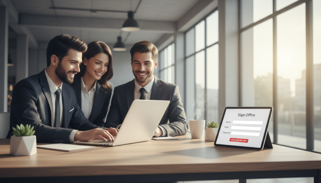 A modern virtual office environment showcasing a seamless online signup process. In the foreground, a diverse group of professionals (two men and one woman) dressed in smart business attire, engaged in a video call on a sleek laptop, with expressions of enthusiasm and focus. The middle layer features a stylish, minimalist desk with a digital tablet displaying a user-friendly signup interface, surrounded by office essentials like a potted plant and a coffee cup. The background includes a bright, airy room with large windows letting in natural light, creating a warm and inviting atmosphere. Soft shadows and highlights add depth, captured using a wide-angle lens to emphasize the openness and efficiency of the virtual office setup. The overall mood conveys professionalism and ease, reflecting a fast, fully digital onboarding experience.