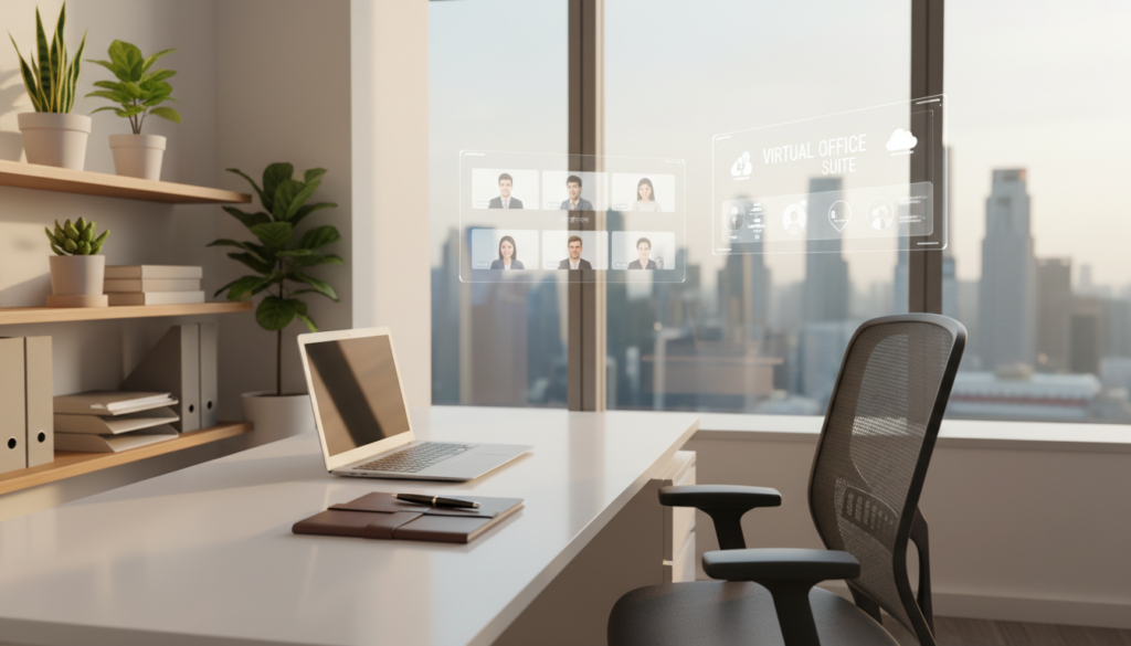 A modern virtual office package scene showcasing a well-organized workspace. In the foreground, a sleek desk is adorned with a high-end laptop, notepad, and a stylish pen, symbolizing productivity. An ergonomic office chair complements the setting. In the middle ground, a large window offers a view of a bustling Singapore skyline, with distinctive skyscrapers shining under soft, natural daylight. A shelf with neatly arranged office supplies and a few indoor plants adds a touch of greenery. In the background, digital screens display virtual meeting icons and cloud storage graphics, emphasizing the concept of a virtual office. The overall mood is professional and inviting, reflecting a contemporary work environment that's both functional and aesthetically pleasing. The lighting is bright and warm, creating a welcoming atmosphere, captured with a soft-focus depth of field. A modern virtual office package scene showcasing a well-organized workspace. In the foreground, a sleek desk is adorned with a high-end laptop, notepad, and a stylish pen, symbolizing productivity. An ergonomic office chair complements the setting. In the middle ground, a large window offers a view of a bustling Singapore skyline, with distinctive skyscrapers shining under soft, natural daylight. A shelf with neatly arranged office supplies and a few indoor plants adds a touch of greenery. In the background, digital screens display virtual meeting icons and cloud storage graphics, emphasizing the concept of a virtual office. The overall mood is professional and inviting, reflecting a contemporary work environment that's both functional and aesthetically pleasing. The lighting is bright and warm, creating a welcoming atmosphere, captured with a soft-focus depth of field.