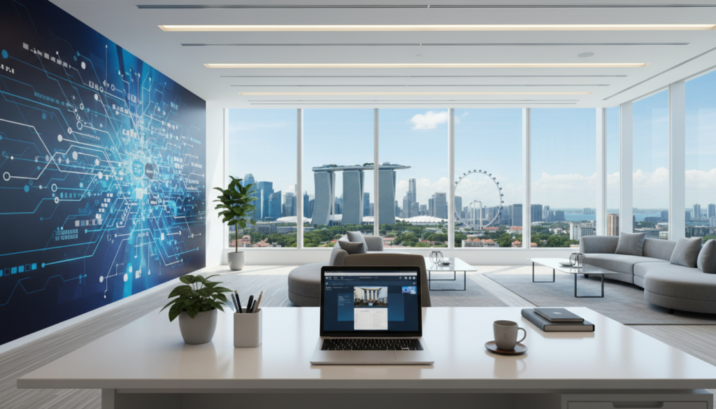 A modern virtual office scene in Singapore, showcasing a bright, spacious workspace filled with contemporary furniture and technology. In the foreground, a sleek desk with a laptop, a potted plant, and stationery items, echoing a productive atmosphere. In the middle ground, an inviting area with comfortable seating and large windows allowing natural light to flood in, displaying a view of iconic Singaporean architecture like Marina Bay Sands and the skyline. The background features an artistic wall mural that embodies innovation and connectivity. The lighting is soft and warm, creating a positive, professional mood. The scene is devoid of any people, emphasizing the concept of a virtual workspace in a cosmopolitan city environment. The style is photorealistic, highlighting the sophistication of modern business practices.