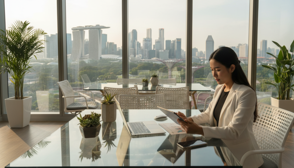 A modern virtual office scene set in Singapore, featuring a sleek, well-designed workspace with a glass desk, a laptop, and various digital devices scattered neatly. In the foreground, a professional woman in business attire reviews a document, her confident posture conveying focus and productivity. The middle ground showcases contemporary office furniture, including ergonomic chairs and vibrant plants, creating a lively atmosphere. In the background, large windows offer a panoramic view of the iconic Singapore skyline with skyscrapers and greenery, illuminated by soft, natural sunlight streaming in. The overall mood is professional yet inviting, emphasizing the modernity and benefits of a virtual office address for online stores. The image should have a photorealistic quality, capturing fine details such as reflections and textures. A modern virtual office scene set in Singapore, featuring a sleek, well-designed workspace with a glass desk, a laptop, and various digital devices scattered neatly. In the foreground, a professional woman in business attire reviews a document, her confident posture conveying focus and productivity. The middle ground showcases contemporary office furniture, including ergonomic chairs and vibrant plants, creating a lively atmosphere. In the background, large windows offer a panoramic view of the iconic Singapore skyline with skyscrapers and greenery, illuminated by soft, natural sunlight streaming in. The overall mood is professional yet inviting, emphasizing the modernity and benefits of a virtual office address for online stores. The image should have a photorealistic quality, capturing fine details such as reflections and textures.