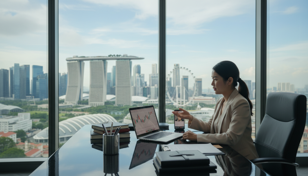 A modern virtual office setting in Singapore, designed for a trading company. Foreground features a sleek desk with a laptop open, surrounded by professional stationery and a smartphone. Middle layer displays a vibrant cityscape visible through large glass windows, showcasing iconic Singaporean architecture like Marina Bay Sands in the background. Soft, natural lighting filters in, creating a bright and airy atmosphere. The scene includes a well-dressed professional woman, engaged in a discussion over a video call, dressed in smart business attire. The overall mood conveys professionalism, innovation, and productivity, emphasizing the dynamic nature of trading in a virtual world. Photorealistic rendering with a slight focus blur on the background to draw attention to the foreground. A modern virtual office setting in Singapore, designed for a trading company. Foreground features a sleek desk with a laptop open, surrounded by professional stationery and a smartphone. Middle layer displays a vibrant cityscape visible through large glass windows, showcasing iconic Singaporean architecture like Marina Bay Sands in the background. Soft, natural lighting filters in, creating a bright and airy atmosphere. The scene includes a well-dressed professional woman, engaged in a discussion over a video call, dressed in smart business attire. The overall mood conveys professionalism, innovation, and productivity, emphasizing the dynamic nature of trading in a virtual world. Photorealistic rendering with a slight focus blur on the background to draw attention to the foreground.