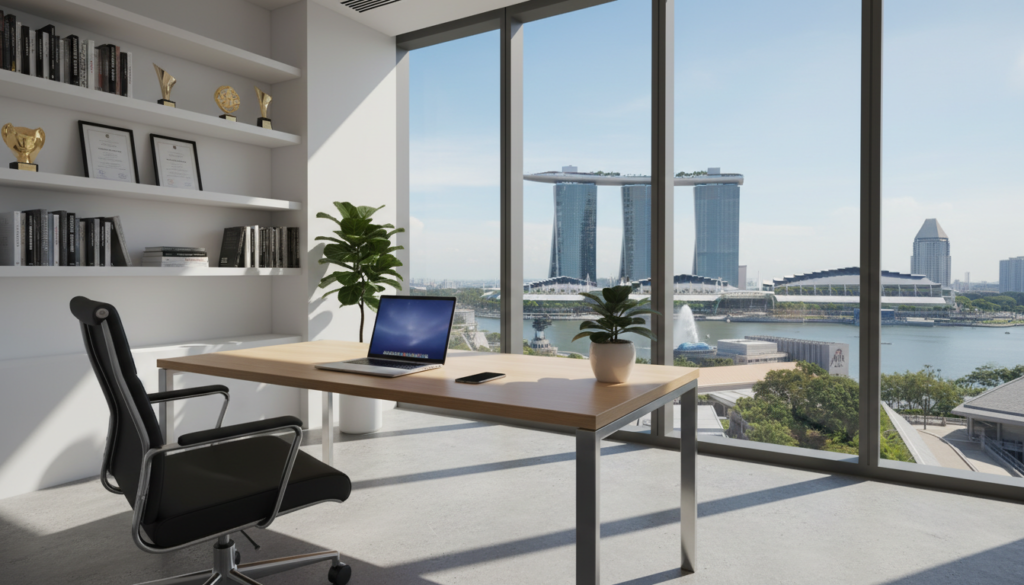 A modern virtual office setting in Singapore, showcasing a sleek, minimalist workspace. In the foreground, a polished wooden desk features a high-end laptop, a smartphone, and a potted plant for a touch of greenery. A comfortable ergonomic chair is positioned beside the desk. In the middle ground, a large window reveals a stunning view of Singapore's skyline, with iconic buildings like Marina Bay Sands and the Merlion visible. The room is well-lit by natural daylight streaming through the window, casting soft shadows. In the background, shelves neatly display professional books and awards, emphasizing a professional atmosphere. The mood is calm and productive, ideal for consulting business solutions. The image is captured in a wide-angle, photorealistic style to highlight the space's sophistication and functionality while maintaining a clear focus on the workspace. A modern virtual office setting in Singapore, showcasing a sleek, minimalist workspace. In the foreground, a polished wooden desk features a high-end laptop, a smartphone, and a potted plant for a touch of greenery. A comfortable ergonomic chair is positioned beside the desk. In the middle ground, a large window reveals a stunning view of Singapore's skyline, with iconic buildings like Marina Bay Sands and the Merlion visible. The room is well-lit by natural daylight streaming through the window, casting soft shadows. In the background, shelves neatly display professional books and awards, emphasizing a professional atmosphere. The mood is calm and productive, ideal for consulting business solutions. The image is captured in a wide-angle, photorealistic style to highlight the space's sophistication and functionality while maintaining a clear focus on the workspace.