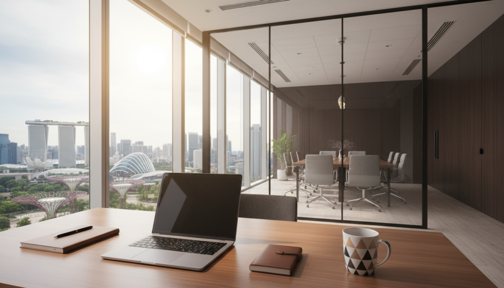 A modern virtual office setting in Singapore, showcasing a sleek workspace designed for startup founders. In the foreground, a polished wooden desk adorned with a laptop, a notepad, and a stylish coffee mug, suggesting productivity. The middle ground features a large window that provides a view of Singapore's skyline, with iconic buildings like Marina Bay Sands in clear view, bathed in natural daylight. The background shows a contemporary meeting room with glass walls, showcasing dark wooden accents and minimalist decor. The atmosphere is bright and inspiring, with soft, diffused lighting enhancing the professional yet inviting feel of the space. The image conveys a sense of innovation and flexibility, perfect for entrepreneurs seeking a virtual office. A modern virtual office setting in Singapore, showcasing a sleek workspace designed for startup founders. In the foreground, a polished wooden desk adorned with a laptop, a notepad, and a stylish coffee mug, suggesting productivity. The middle ground features a large window that provides a view of Singapore's skyline, with iconic buildings like Marina Bay Sands in clear view, bathed in natural daylight. The background shows a contemporary meeting room with glass walls, showcasing dark wooden accents and minimalist decor. The atmosphere is bright and inspiring, with soft, diffused lighting enhancing the professional yet inviting feel of the space. The image conveys a sense of innovation and flexibility, perfect for entrepreneurs seeking a virtual office.