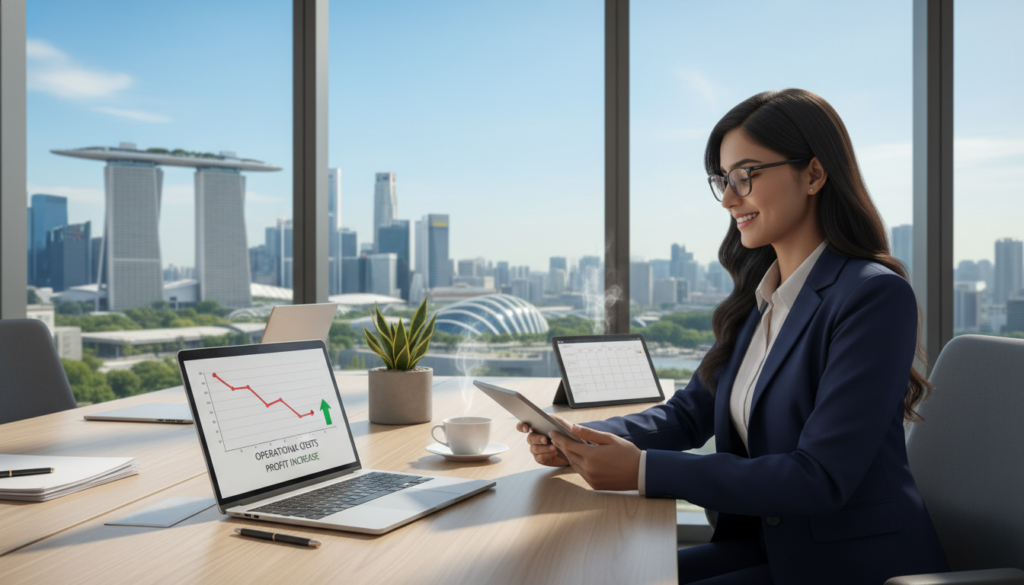 A modern virtual office setting showcasing cost savings and operational efficiency. In the foreground, a sleek desk with a laptop open, displaying a financial graph indicating decreasing expenses. A stylish business professional in business attire, smiling while reviewing documents. In the middle, a well-organized workspace with a plant and a coffee cup, symbolizing a comfortable yet productive environment. In the background, large windows reveal a panoramic view of Singapore’s skyline, emphasizing the hybrid nature of virtual services. The lighting is bright and inviting, suggesting a productive atmosphere, with soft shadows creating depth. The image conveys a sense of innovation and professionalism.