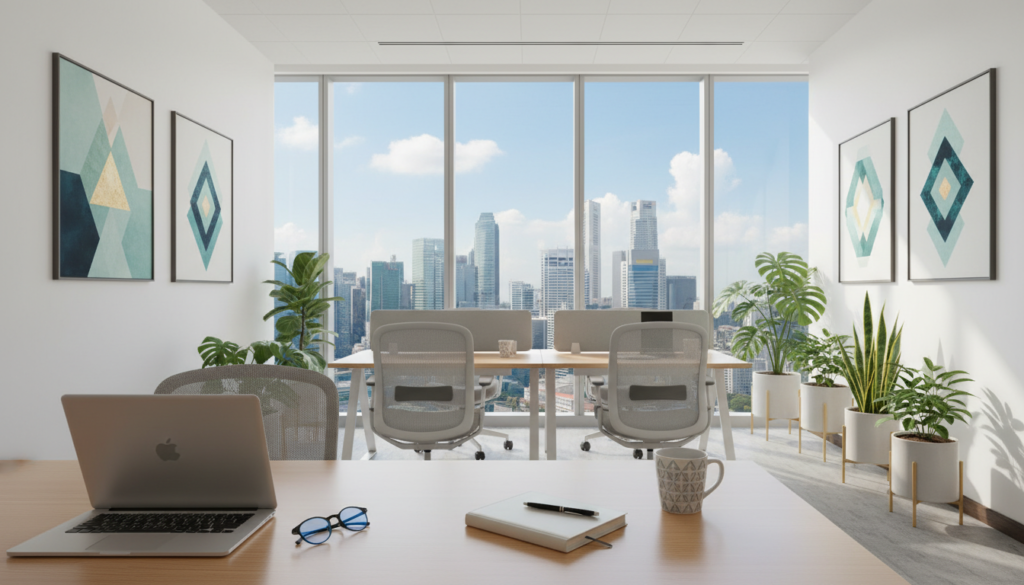 A modern virtual office setup in Singapore designed for digital nomads. In the foreground, a sleek, minimalistic desk with a high-quality laptop, a planner, and a stylish coffee mug, all in professional yet comfortable attire. The middle section features a well-organized workspace with ergonomic chairs, greenery like potted plants, and inspirational artwork on the walls, fostering a productive environment. In the background, large windows offer a view of the iconic Singapore skyline with skyscrapers under a bright blue sky. Soft, natural lighting floods the space, creating a warm, inviting atmosphere. The composition is photorealistic, with a focus on a balanced layout that enhances the sense of professionalism and creativity, ideal for today's digital nomads. A modern virtual office setup in Singapore designed for digital nomads. In the foreground, a sleek, minimalistic desk with a high-quality laptop, a planner, and a stylish coffee mug, all in professional yet comfortable attire. The middle section features a well-organized workspace with ergonomic chairs, greenery like potted plants, and inspirational artwork on the walls, fostering a productive environment. In the background, large windows offer a view of the iconic Singapore skyline with skyscrapers under a bright blue sky. Soft, natural lighting floods the space, creating a warm, inviting atmosphere. The composition is photorealistic, with a focus on a balanced layout that enhances the sense of professionalism and creativity, ideal for today's digital nomads.
