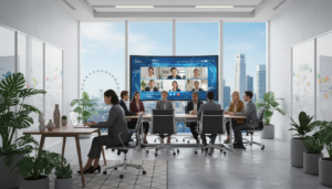 A modern virtual office setup in Singapore, showcasing a sleek and vibrant workspace designed for startups, SMEs, and remote-first teams. In the foreground, a professional woman in a business suit sits at a stylish desk, working intently on her laptop, surrounded by plants and modern decor. The middle ground features a large conference table with a diverse group of professionals engaged in a video call on a wall-mounted screen, highlighting collaboration. The background reveals a panoramic view of Singapore's skyline through large glass windows, with bright natural light flooding the room, creating a warm and inviting atmosphere. This photorealistic image captures innovation and professionalism, with a focus on teamwork in a virtual environment.