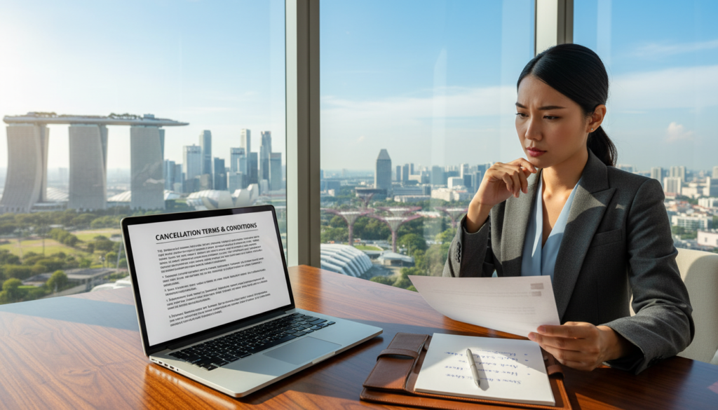 A modern virtual office setup reflecting a cancellation policy discussion in Singapore. In the foreground, a sleek, polished wooden desk with a laptop open displaying a digital document titled "Cancellation Terms." Next to it, a notepad with handwritten notes and a sleek pen. In the middle ground, a professional businesswoman in formal attire thoughtfully reviewing a document, her expression focused and analytical. The background shows a panoramic view of Singapore’s skyline through large glass windows, with a clear blue sky and distant skyscrapers. The lighting is bright and natural, creating an atmosphere of professionalism and clarity. The composition is balanced, emphasizing the importance of proper cancellation policy understanding in a modern workspace. The image is photorealistic, capturing the essence of an office environment in Singapore.