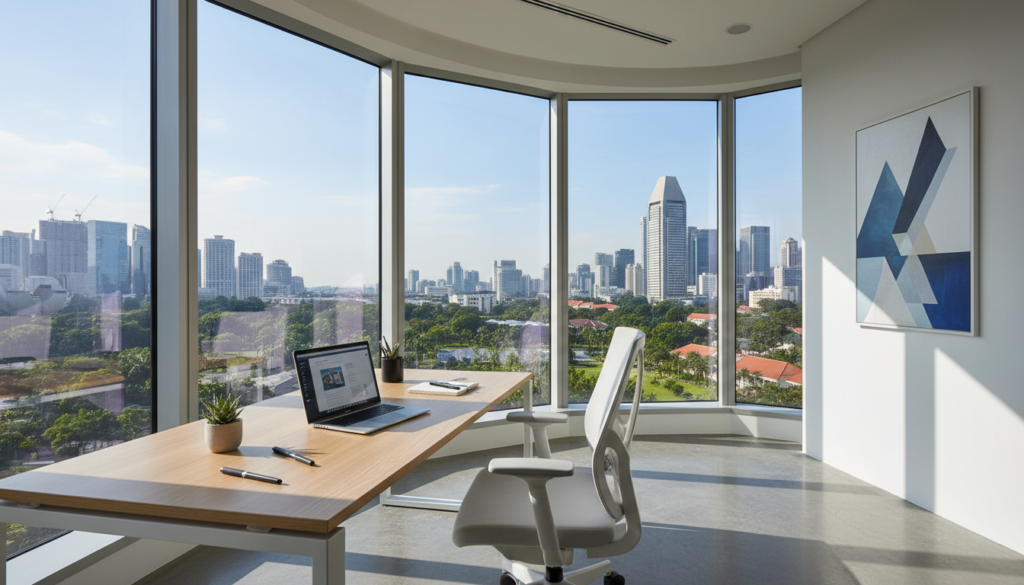 A modern virtual office space in Singapore, designed for digital nomads, showcasing a sleek, minimalist aesthetic. In the foreground, a stylish desk with a high-end laptop, organized stationery, and a succulent plant. In the middle ground, an ergonomic chair and a panoramic window displaying Singapore’s skyline with skyscrapers and greenery. Soft, natural light filters through the window, casting gentle shadows on the polished floor. The background features abstract art on the walls, enhancing the professional and creative vibe. The atmosphere is focused yet relaxed, embodying a productive workspace. Photorealistic details capture the textures and reflections, emphasizing a contemporary and inviting office environment. A modern virtual office space in Singapore, designed for digital nomads, showcasing a sleek, minimalist aesthetic. In the foreground, a stylish desk with a high-end laptop, organized stationery, and a succulent plant. In the middle ground, an ergonomic chair and a panoramic window displaying Singapore’s skyline with skyscrapers and greenery. Soft, natural light filters through the window, casting gentle shadows on the polished floor. The background features abstract art on the walls, enhancing the professional and creative vibe. The atmosphere is focused yet relaxed, embodying a productive workspace. Photorealistic details capture the textures and reflections, emphasizing a contemporary and inviting office environment.