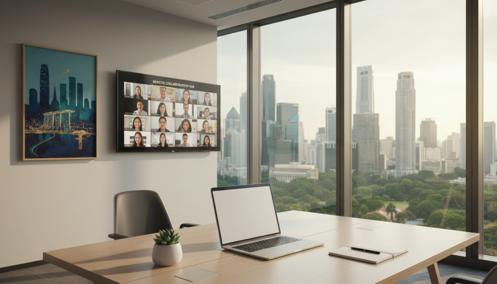 A modern virtual office space reflecting a professional atmosphere in Singapore. In the foreground, a sleek wooden desk is arranged with a laptop, a potted plant, and a notepad, showcasing a tidy and organized work environment. In the middle, a large screen displays a virtual meeting interface, indicating remote collaboration. On the wall, artwork featuring Singapore's skyline subtly highlights the location. The background reveals large windows with a view of a vibrant cityscape, showing skyscrapers and greenery. Soft, natural lighting filters in, creating a warm and inviting ambiance. The overall mood is focused and productive, perfect for remote work in a fast-paced business setting.