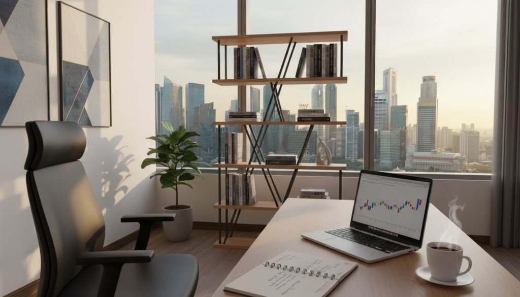 A modern virtual office space set in Singapore, featuring a sleek, minimalist design. In the foreground, a stylish wooden desk holds a laptop, notepad, and a cup of coffee. To the left, a comfortable ergonomic chair faces a large window showcasing the iconic Singapore skyline with skyscrapers bathed in soft afternoon light. The middle of the room includes a contemporary bookshelf filled with business books and a small indoor plant for a touch of greenery. The background is subtly decorated with abstract art on the walls, creating a professional yet inviting atmosphere. The mood is one of productivity and sophistication, emphasizing the benefits of a virtual office environment. The lighting is bright and natural, enhancing the clarity and detail of the entire scene.