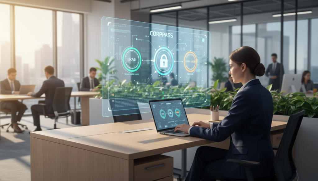 A modern workspace featuring a sleek, digital interface displaying the CorpPass services for secure access to IRAS, ACRA, and GoBusiness. In the foreground, a professional woman in business attire is intently using a laptop, with a focused expression, her fingers poised over the keyboard. The middle ground showcases a large screen with bright, interactive graphics representing the CorpPass dashboard, emphasizing digital security and access. In the background, a soft-focus view of a contemporary office space with glass walls and subtle greenery enhances the corporate atmosphere. Soft, natural lighting streams in from large windows, creating a professional yet inviting mood. The overall scene conveys efficiency and modernity in corporate compliance processes. A modern workspace featuring a sleek, digital interface displaying the CorpPass services for secure access to IRAS, ACRA, and GoBusiness. In the foreground, a professional woman in business attire is intently using a laptop, with a focused expression, her fingers poised over the keyboard. The middle ground showcases a large screen with bright, interactive graphics representing the CorpPass dashboard, emphasizing digital security and access. In the background, a soft-focus view of a contemporary office space with glass walls and subtle greenery enhances the corporate atmosphere. Soft, natural lighting streams in from large windows, creating a professional yet inviting mood. The overall scene conveys efficiency and modernity in corporate compliance processes.