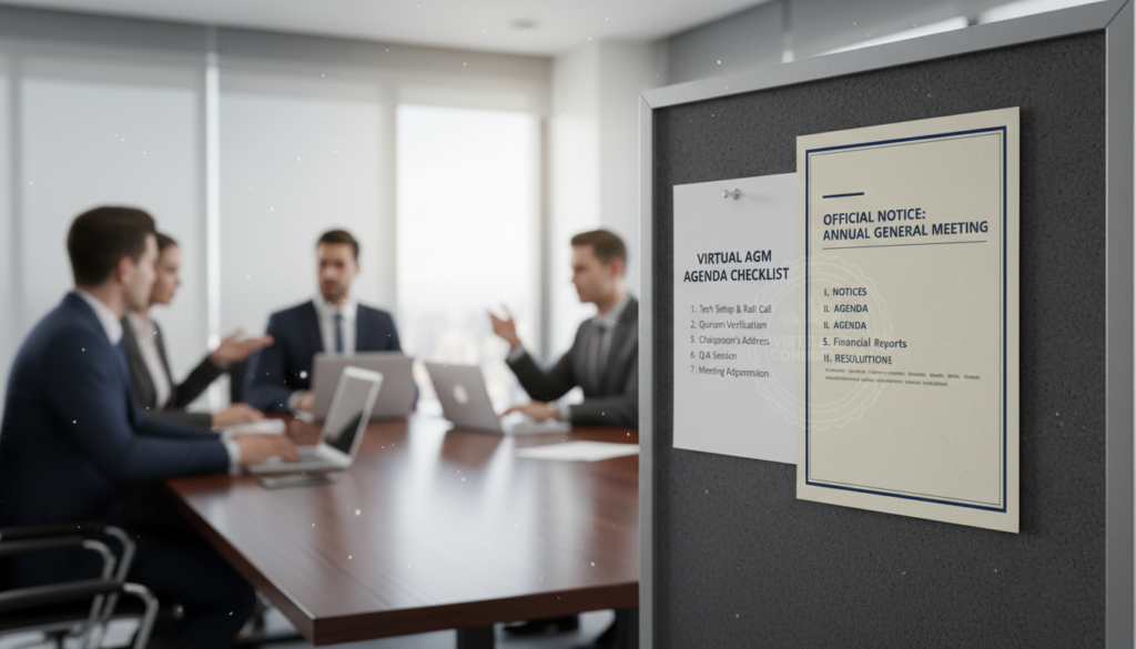 A photorealistic close-up of a professional meeting setup, focusing on a detailed notice pinned on a bulletin board. In the foreground, a neatly arranged checklist with bullet points visible, highlighting agenda items for a Virtual AGM. In the middle, an elegantly designed notice document with headings "Notices," "Agenda," and "Resolutions" prominently displayed, with a subtle watermark in the background to reinforce professionalism. The background features a blurred meeting room with participants in business attire, sitting around a polished conference table, engaged in discussion. Soft, natural lighting filters through large windows, creating an inviting atmosphere. The overall mood exudes a sense of order, clarity, and professionalism essential for compliance in a virtual AGM setting.