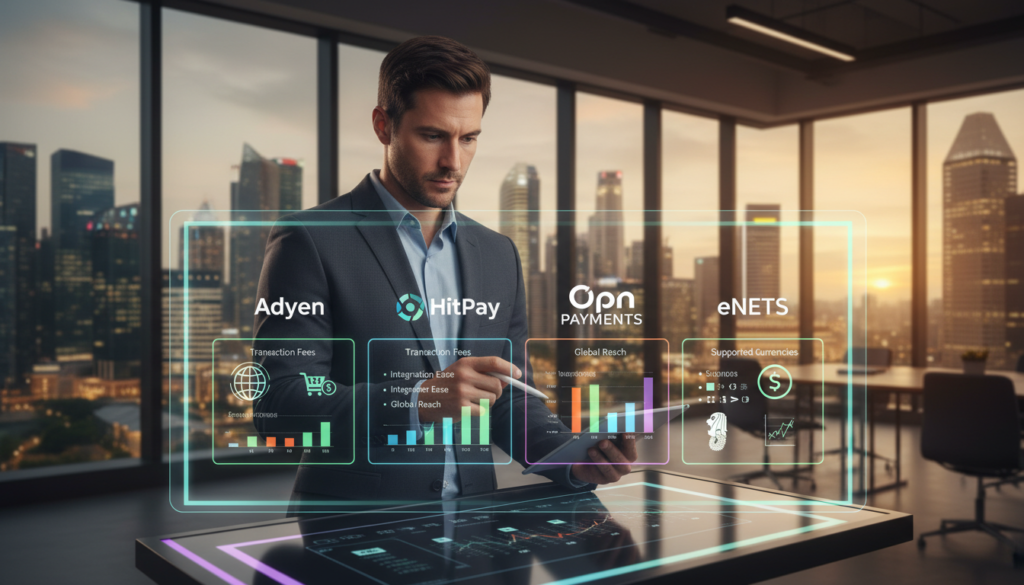 A photorealistic comparison of payment platforms, featuring stylized icons or logos for Adyen, HitPay, Opn Payments, and eNETS arranged on a sleek, modern digital interface. In the foreground, a professional businessperson in a smart business suit is actively analyzing data on a tablet, with an expression of focus and determination. The middle ground displays a visually appealing graph or chart comparing key features and benefits of each payment service, illuminated by soft LED lighting. In the background, a contemporary office setting with large windows showcases a bustling Singapore skyline, creating an atmosphere of innovation and progress. The lighting is warm and inviting, casting a subtle glow on the scene, emphasizing a sense of professionalism and technological advancement.