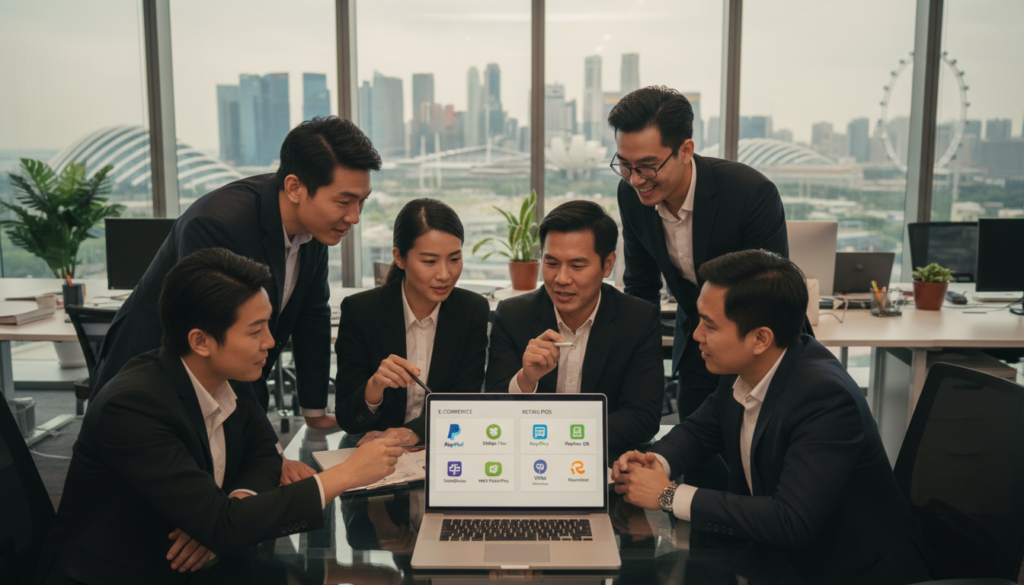A photorealistic comparison of various payment platforms for Singapore businesses. In the foreground, display a sleek laptop showing a split screen with icons of popular payment gateways like PayPal, Stripe, and others, organized by use case. The middle layer features a diverse group of professionals dressed in business attire, discussing the icons with engaged expressions. In the background, depict a modern office setting with soft lighting, emphasizing a productive atmosphere. Include a subtle array of Singaporean landmarks through a wide window, enhancing the local context. Capture the scene from a slight overhead angle to provide depth, ensuring the focus remains on the payment platforms and the professionals’ collaboration.
