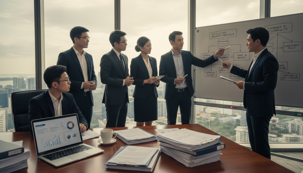 A photorealistic composition depicting a modern office environment emphasizing "assets" related to intellectual property, insurance, and internal policies. In the foreground, a polished wooden desk with neatly arranged documents, a laptop displaying charts, and a coffee cup. In the middle ground, a diverse group of professionals in business attire engaged in a collaborative discussion, showcasing a sense of teamwork and focus. The background features a large window with a view of a bustling Singapore skyline, casting soft natural light into the room, enhancing the atmosphere of productivity and professionalism. The overall mood should reflect a serious yet optimistic tone, symbolizing the protection and growth of business value. A photorealistic composition depicting a modern office environment emphasizing "assets" related to intellectual property, insurance, and internal policies. In the foreground, a polished wooden desk with neatly arranged documents, a laptop displaying charts, and a coffee cup. In the middle ground, a diverse group of professionals in business attire engaged in a collaborative discussion, showcasing a sense of teamwork and focus. The background features a large window with a view of a bustling Singapore skyline, casting soft natural light into the room, enhancing the atmosphere of productivity and professionalism. The overall mood should reflect a serious yet optimistic tone, symbolizing the protection and growth of business value.