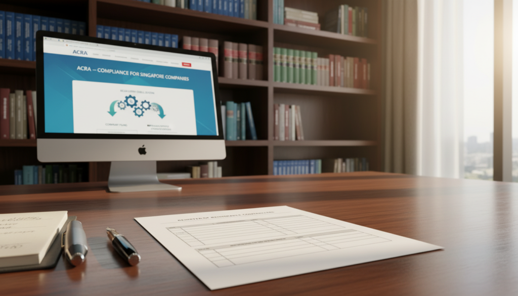 A photorealistic depiction of a "Register of Registrable Controllers" document placed on a polished wooden desk in a modern office environment. In the foreground, the document is clearly visible, featuring a well-structured layout with empty spaces for names and details, surrounded by a few elegant stationery items such as a fountain pen and a notepad. The middle ground shows a computer screen displaying ACRA's website, with colorful graphics related to compliance obligations for Singapore companies. The background features a sleek bookshelf filled with law books and business references, softly lit by natural sunlight filtering through large windows. The atmosphere is professional and serious, conveying a sense of diligence and compliance, with a focus on the responsibilities Singapore companies must adhere to under ACRA regulations.
