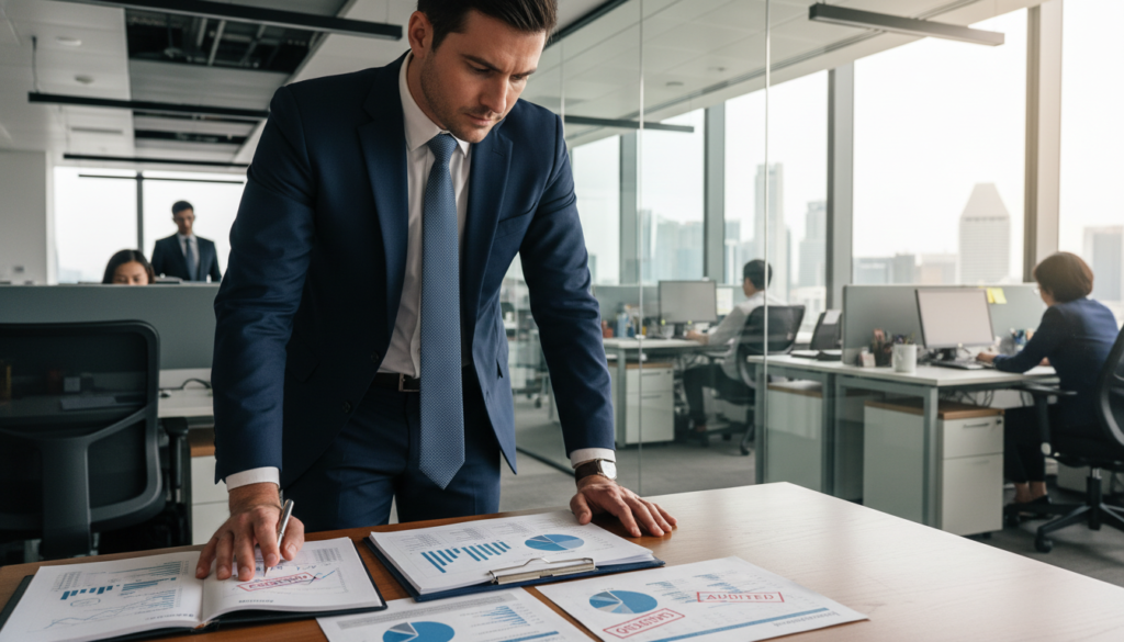 A photorealistic depiction of a busy office environment focused on financial statements. In the foreground, a detailed view of an open financial report displaying graphs, numbers, and charts, some labeled as 'audited' and others as 'unaudited.' The middle layer features a professional business person, dressed in formal attire, analyzing the documents, with a look of concentration. In the background, a modern office setting with large windows letting in soft natural light, showing a skyline view of Singapore. The atmosphere is serious yet productive, emphasizing the importance of compliance with financial reporting deadlines. The lighting is bright, enhancing the clarity of the financial documents and the professional demeanor of the individual. No text, captions, or watermarks present. A photorealistic depiction of a busy office environment focused on financial statements. In the foreground, a detailed view of an open financial report displaying graphs, numbers, and charts, some labeled as 'audited' and others as 'unaudited.' The middle layer features a professional business person, dressed in formal attire, analyzing the documents, with a look of concentration. In the background, a modern office setting with large windows letting in soft natural light, showing a skyline view of Singapore. The atmosphere is serious yet productive, emphasizing the importance of compliance with financial reporting deadlines. The lighting is bright, enhancing the clarity of the financial documents and the professional demeanor of the individual. No text, captions, or watermarks present.
