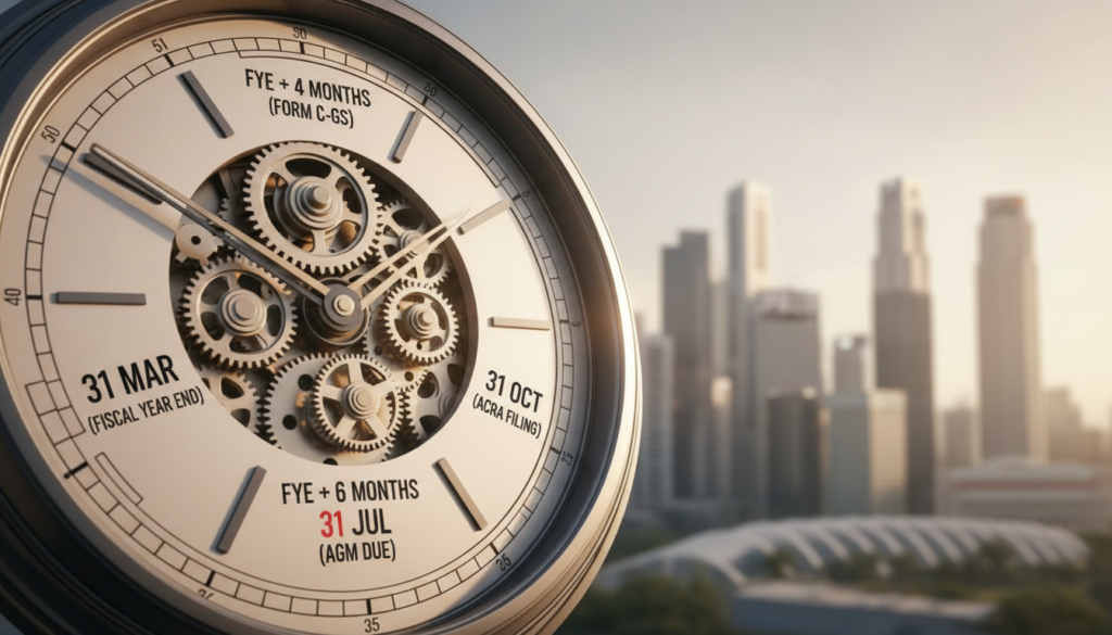A photorealistic depiction of a "core compliance clock" symbolizing Singapore financial reporting deadlines. In the foreground, a large clock with intricate gears and a sleek modern design, showing key time markers related to financial year-end deadlines. The middle ground features a stylized calendar with highlighted dates, such as fiscal year-end and submission deadlines, arranged around the clock. The background displays a blurred silhouette of Singapore's skyline, hinting at the financial hub's modern architecture. Soft, warm lighting creates a professional atmosphere, emphasizing clarity and precision. The angle is slightly above the clock, capturing its details while allowing the calendar and skyline to emerge clearly, reinforcing a mood of urgency and accountability in financial reporting. A photorealistic depiction of a "core compliance clock" symbolizing Singapore financial reporting deadlines. In the foreground, a large clock with intricate gears and a sleek modern design, showing key time markers related to financial year-end deadlines. The middle ground features a stylized calendar with highlighted dates, such as fiscal year-end and submission deadlines, arranged around the clock. The background displays a blurred silhouette of Singapore's skyline, hinting at the financial hub's modern architecture. Soft, warm lighting creates a professional atmosphere, emphasizing clarity and precision. The angle is slightly above the clock, capturing its details while allowing the calendar and skyline to emerge clearly, reinforcing a mood of urgency and accountability in financial reporting.