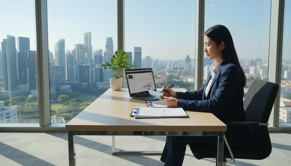 A photorealistic depiction of a corporate bank account setup scene. In the foreground, a professional businesswoman in a smart suit sits at a sleek, modern desk, inspecting financial documents and a laptop open to a banking application. In the middle, a stylish stack of paperwork, including forms for opening a corporate account, is neatly arranged next to a decorative plant. A contemporary office skyline through large windows forms the background, with bright natural light streaming in, casting soft shadows. The mood is focused and professional, embodying the diligence and excitement of starting a new business in Singapore. The angle is slightly elevated to capture the workspace and the surrounding environment effectively. A photorealistic depiction of a corporate bank account setup scene. In the foreground, a professional businesswoman in a smart suit sits at a sleek, modern desk, inspecting financial documents and a laptop open to a banking application. In the middle, a stylish stack of paperwork, including forms for opening a corporate account, is neatly arranged next to a decorative plant. A contemporary office skyline through large windows forms the background, with bright natural light streaming in, casting soft shadows. The mood is focused and professional, embodying the diligence and excitement of starting a new business in Singapore. The angle is slightly elevated to capture the workspace and the surrounding environment effectively.