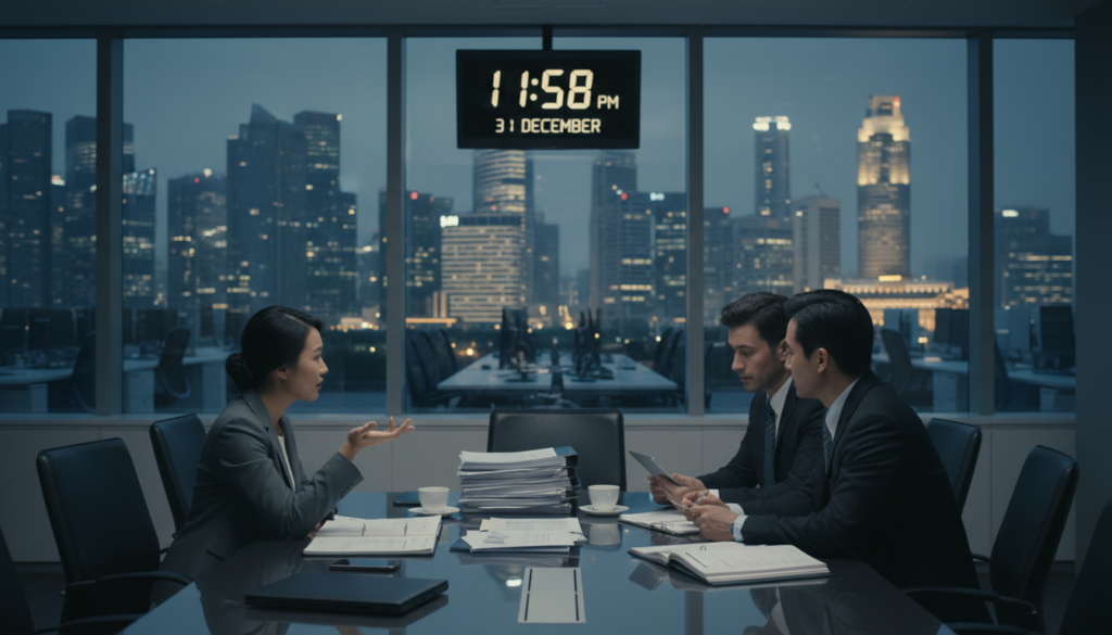 A photorealistic depiction of a corporate environment illustrating a late Annual General Meeting (AGM) scenario. In the foreground, a diverse group of three professionals in business attire, including a woman in a tailored suit and two men in formal wear, are engaged in a serious discussion at a sleek conference table strewn with documents and a laptop. The middle ground shows a large wall clock highlighting a late hour, emphasizing urgency. In the background, an office space with large windows showcasing a modern Singapore skyline under soft afternoon light, casting subtle shadows. The atmosphere is tense yet professional, reflecting the significance of timely AGMs and the penalties for delays. The focus is sharp on the subjects, with a shallow depth of field to enhance the dramatic impact. A photorealistic depiction of a corporate environment illustrating a late Annual General Meeting (AGM) scenario. In the foreground, a diverse group of three professionals in business attire, including a woman in a tailored suit and two men in formal wear, are engaged in a serious discussion at a sleek conference table strewn with documents and a laptop. The middle ground shows a large wall clock highlighting a late hour, emphasizing urgency. In the background, an office space with large windows showcasing a modern Singapore skyline under soft afternoon light, casting subtle shadows. The atmosphere is tense yet professional, reflecting the significance of timely AGMs and the penalties for delays. The focus is sharp on the subjects, with a shallow depth of field to enhance the dramatic impact.