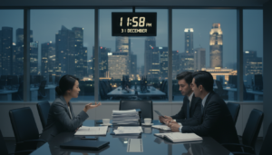A photorealistic depiction of a corporate environment illustrating a late Annual General Meeting (AGM) scenario. In the foreground, a diverse group of three professionals in business attire, including a woman in a tailored suit and two men in formal wear, are engaged in a serious discussion at a sleek conference table strewn with documents and a laptop. The middle ground shows a large wall clock highlighting a late hour, emphasizing urgency. In the background, an office space with large windows showcasing a modern Singapore skyline under soft afternoon light, casting subtle shadows. The atmosphere is tense yet professional, reflecting the significance of timely AGMs and the penalties for delays. The focus is sharp on the subjects, with a shallow depth of field to enhance the dramatic impact.