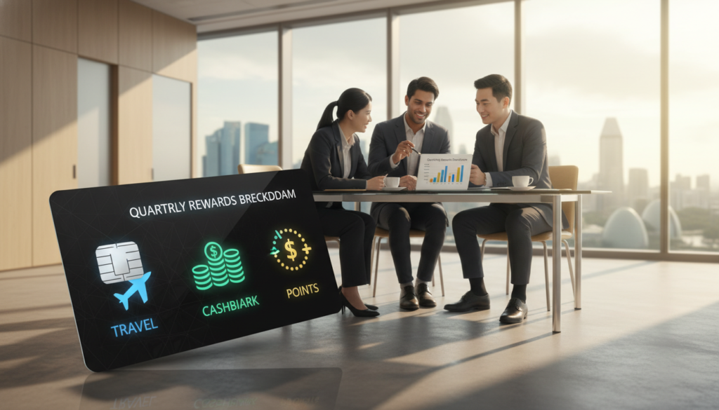 A photorealistic depiction of a corporate environment showcasing credit card rewards. In the foreground, a sleek, elegant credit card is placed prominently, adorned with vibrant logos symbolizing various rewards such as travel, cashback, and points. In the middle ground, a diverse group of professionals in business attire is engaged in a discussion, analyzing financial reports on a tablet, with expressions of satisfaction as they review their rewards. The background features a modern office space with large windows letting in natural light and views of the Singapore skyline, conveying an atmosphere of success and opportunity. The overall mood is optimistic and dynamic, with a soft focus on the credit card to emphasize its importance in enhancing company finances.