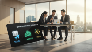 A photorealistic depiction of a corporate environment showcasing credit card rewards. In the foreground, a sleek, elegant credit card is placed prominently, adorned with vibrant logos symbolizing various rewards such as travel, cashback, and points. In the middle ground, a diverse group of professionals in business attire is engaged in a discussion, analyzing financial reports on a tablet, with expressions of satisfaction as they review their rewards. The background features a modern office space with large windows letting in natural light and views of the Singapore skyline, conveying an atmosphere of success and opportunity. The overall mood is optimistic and dynamic, with a soft focus on the credit card to emphasize its importance in enhancing company finances.