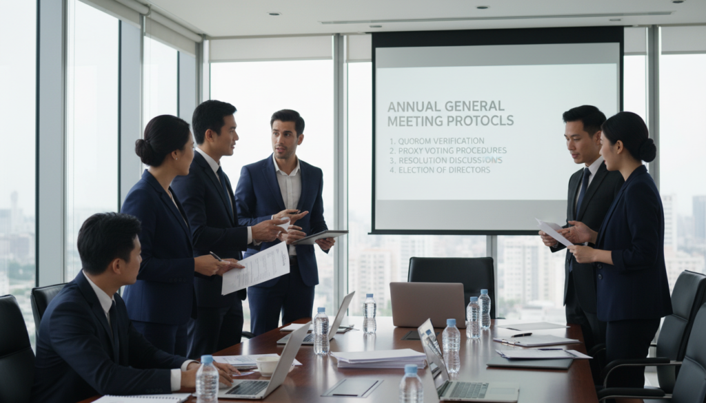 A photorealistic depiction of a corporate meeting setting, focusing on proxies in a business context. In the foreground, a diverse group of professionals in formal business attire is engaged in discussion, reviewing documents and voting cards. The middle ground features a polished conference table with laptops and paperwork arranged neatly, symbolizing the preparation for important decisions. The background shows a modern boardroom with large windows, allowing natural light to stream in, illuminating the space. A projector displays a presentation slide on meeting protocols. The atmosphere is serious yet collaborative, capturing the essence of a well-run Annual General Meeting, emphasizing professionalism and efficiency.