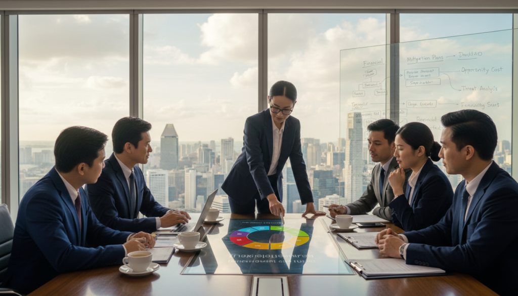 A photorealistic depiction of a corporate risk assessment meeting in a modern office setting. In the foreground, a diverse group of professionals, dressed in business attire, are gathered around a sleek conference table filled with documents and laptops. A woman with glasses points at a digital presentation displaying a colorful risk assessment chart. In the middle ground, a large window shows a vibrant city skyline, indicating Singapore's urban environment. In the background, a whiteboard filled with diagrams and notes about risk management strategies adds depth to the scene. Soft natural light floods the room, creating an atmosphere of focus and collaboration, with a lens angle that captures the dynamics of the meeting.