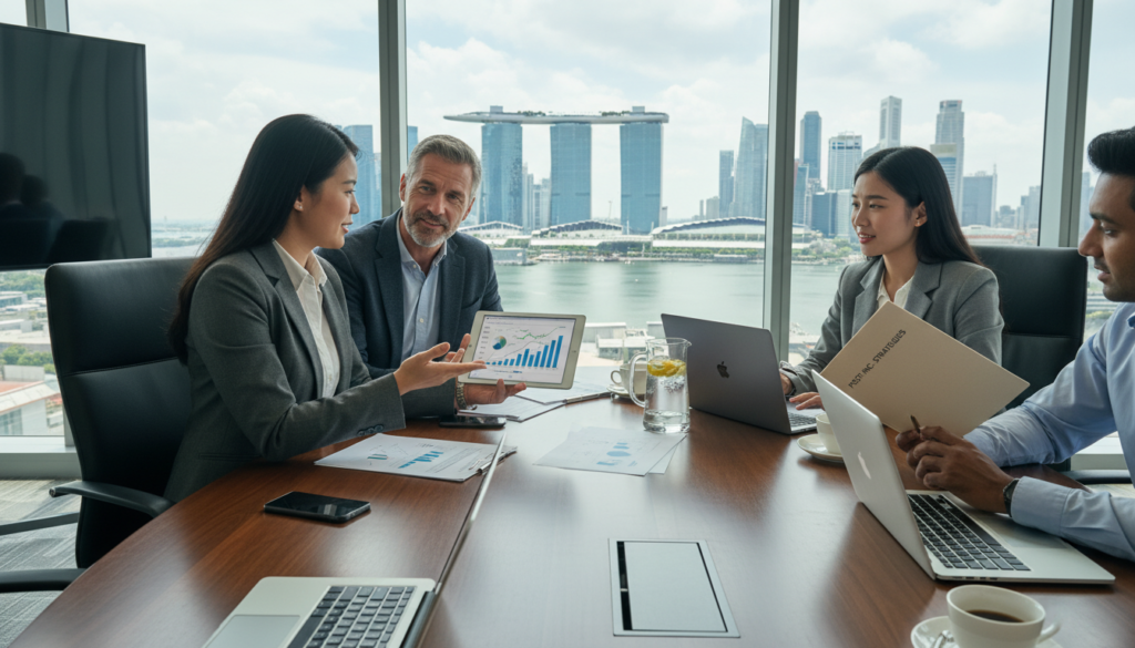 A photorealistic depiction of a modern Singapore office environment, showcasing a diverse group of professionals discussing post-incorporation strategies for a holding company. In the foreground, a confident Asian woman in a tailored business suit gestures towards a digital tablet displaying financial graphs. Beside her, a middle-aged Caucasian man in a smart casual outfit nods in agreement, holding a folder. The middle ground features a sleek conference table with laptops, documents, and refreshments, while behind them large windows reveal the iconic Singapore skyline with Marina Bay Sands in the background. The lighting is bright with natural sunlight streaming in, creating a productive and optimistic atmosphere. The camera angle is slightly low, emphasizing the professionalism and collaboration within the space. A photorealistic depiction of a modern Singapore office environment, showcasing a diverse group of professionals discussing post-incorporation strategies for a holding company. In the foreground, a confident Asian woman in a tailored business suit gestures towards a digital tablet displaying financial graphs. Beside her, a middle-aged Caucasian man in a smart casual outfit nods in agreement, holding a folder. The middle ground features a sleek conference table with laptops, documents, and refreshments, while behind them large windows reveal the iconic Singapore skyline with Marina Bay Sands in the background. The lighting is bright with natural sunlight streaming in, creating a productive and optimistic atmosphere. The camera angle is slightly low, emphasizing the professionalism and collaboration within the space.