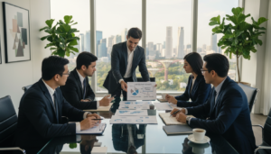 A photorealistic depiction of a modern business meeting set in a sleek office environment, highlighting the concept of limited partnerships in private equity funds. In the foreground, a group of diverse professionals, all dressed in sharp business attire, engage in a collaborative discussion around a glass conference table, reviewing documents and financial charts. In the middle ground, a bright window offers a panoramic view of Singapore’s skyline, showcasing iconic buildings and greenery. The background features a minimalist design with tasteful art and plants, suggesting a sophisticated and professional atmosphere. Warm natural light floods the room, creating an inviting yet serious mood, perfect for business negotiations and partnerships. Focus the lens to emphasize the interaction among the professionals while capturing the complexity of their financial discussions.