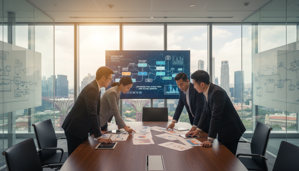 A photorealistic depiction of a modern office environment designed for a venture capital company setup in Singapore. In the foreground, a diverse group of professionals in business attire engage in a collaborative discussion around a sleek conference table, examining charts and financial documents. The middle layer features a large digital screen displaying graphs that symbolize fund structures, alongside a modern cityscape visible through large floor-to-ceiling windows, showcasing iconic Singaporean architecture. The background is softly illuminated by natural light, creating a bright and inviting atmosphere. The mood exudes professionalism, innovation, and teamwork, emphasizing the importance of choosing the right fund structure. The camera angle captures a dynamic perspective, highlighting both the engaged individuals and the high-tech office setting.