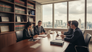 A photorealistic depiction of a modern office environment illustrating the concept of law and regulators. In the foreground, a diverse group of three professionals in business attire, engaged in a discussion around a sleek conference table with paperwork and legal documents spread out. In the middle ground, bookshelves filled with law books and regulatory codes are visible, along with certificates on the wall showcasing legal qualifications. The background features a large window with a view of the Singapore skyline, emphasizing the city’s financial district. Soft, natural lighting streams in, creating a professional yet inviting atmosphere. The angle is slightly elevated, capturing the collaborative spirit of the scene, while maintaining focus on the legal aspects that shape M&A transactions in Singapore.