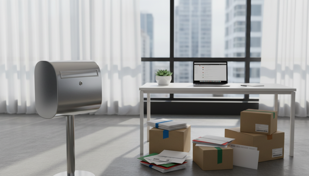 A photorealistic depiction of a modern office environment showcasing various types of mail and parcels. In the foreground, an assortment of neatly stacked envelopes and packages, some sealed with colorful tape, representing different sizes and shapes. A small, professional mailbox stands prominently to the side, glinting under soft natural light. In the middle ground, a sleek, minimalist desk is adorned with a laptop and a potted plant, suggesting an active work environment. The background features a large window with soft daylight streaming in, casting gentle shadows across the room. The overall mood is organized and professional, emphasizing the importance of mail handling in an office setting, without any human presence distracting from the main subject.