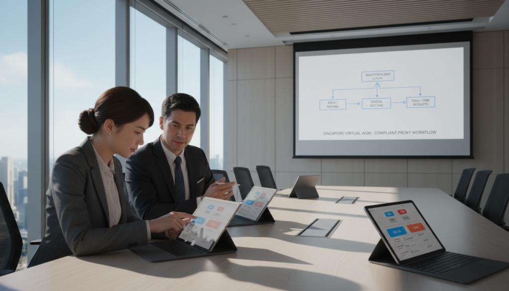 A photorealistic depiction of a modern office setting, focused on a compliant proxy workflow for a virtual AGM in Singapore. In the foreground, a professional-looking woman and man, both dressed in smart business attire, are engaged in a discussion over electronic devices, with tablets and laptops displaying digital voting interfaces. The middle ground features a sleek conference table adorned with digital voting tools, and a visible projector screen showing a simplified flowchart of the proxy process. The background includes large windows allowing natural light, giving the space an open and inviting atmosphere. Soft shadows enhance the mood, conveying professionalism and clarity in the proxy voting workflow. The image captures the essence of compliance and efficiency in a corporate environment.