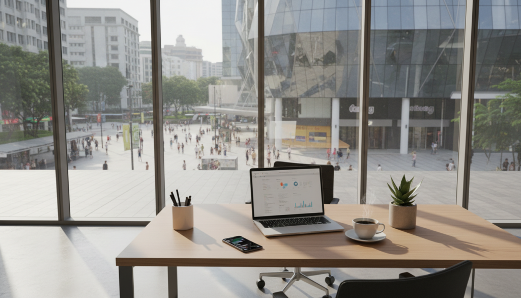 A photorealistic depiction of a modern virtual office setup at Paya Lebar Square, featuring a sleek, sophisticated desk with a high-end laptop, business stationery, and a potted plant, all arranged neatly to suggest professionalism. In the foreground, a smartphone rests next to a coffee cup, hinting at communication and productivity. The middle ground showcases large windows with a panoramic view of the vibrant Paya Lebar Square, filling the space with natural light. The backdrop includes the iconic architecture of the building, with sunlight casting soft shadows across the scene. The atmosphere is calm and focused, reflecting a serene work environment, ideal for business operations. The image conveys a sense of modernity and efficiency, with no people present, ensuring a clean, unobstructed view.