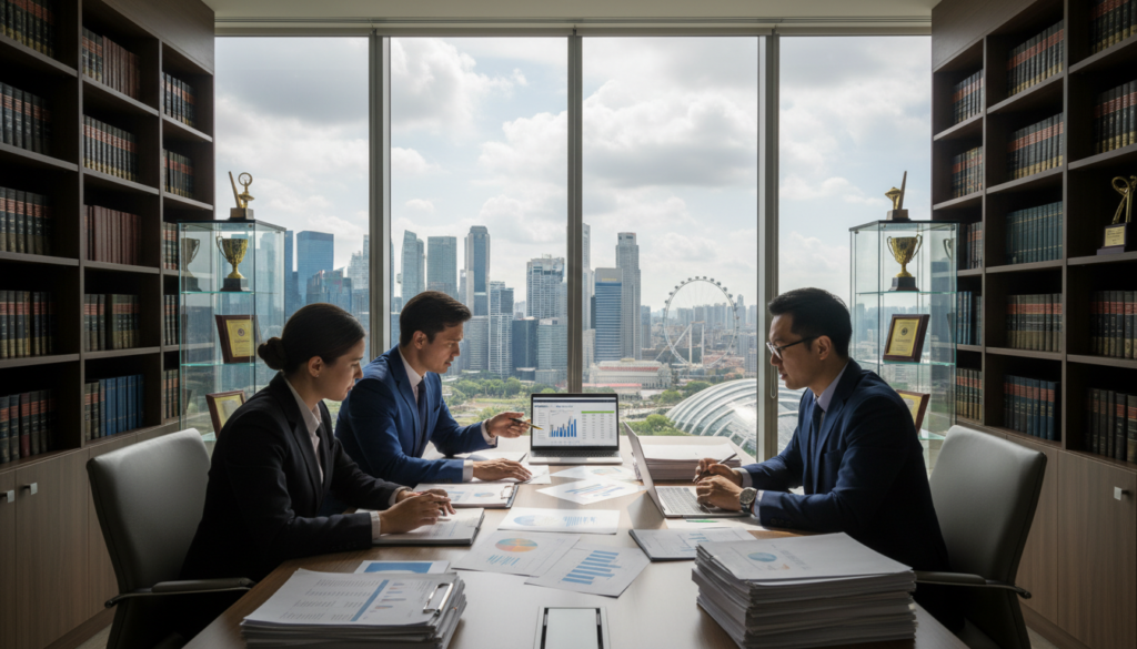 A photorealistic depiction of a professional due diligence process in a modern Singaporean office setting. In the foreground, a diverse group of three business professionals, dressed in smart business attire, are gathered around a sleek conference table covered with documents, laptops, and charts. One person is pointing at a laptop screen displaying financial data, while the others are attentively analyzing the information. In the middle ground, large windows offer a view of Singapore's iconic skyline, casting soft natural light into the room, enhancing a focused and serious atmosphere. Flanking the scene, shelves with legal books and business awards highlight the seriousness and professionalism of the process, setting a mood of diligence and careful consideration during business acquisitions. A photorealistic depiction of a professional due diligence process in a modern Singaporean office setting. In the foreground, a diverse group of three business professionals, dressed in smart business attire, are gathered around a sleek conference table covered with documents, laptops, and charts. One person is pointing at a laptop screen displaying financial data, while the others are attentively analyzing the information. In the middle ground, large windows offer a view of Singapore's iconic skyline, casting soft natural light into the room, enhancing a focused and serious atmosphere. Flanking the scene, shelves with legal books and business awards highlight the seriousness and professionalism of the process, setting a mood of diligence and careful consideration during business acquisitions.
