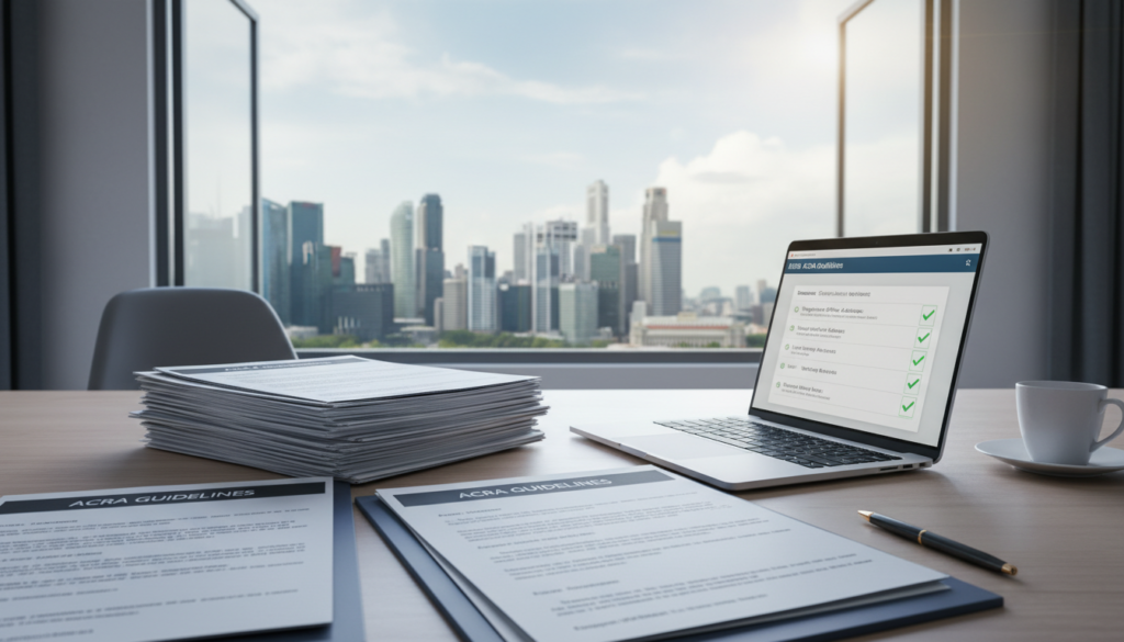 A photorealistic depiction of a professional workspace reflecting the concept of business address compliance. In the foreground, a sleek, modern desk with documents featuring ACRA (Accounting and Corporate Regulatory Authority) guidelines laid out neatly, accompanied by a laptop displaying a compliance checklist. In the middle background, an open window reveals a city skyline of Singapore, symbolizing a virtual office environment. Soft, natural light streams in, creating an inviting atmosphere that emphasizes professionalism. The scene captures a clean, organized space with a subtle focus on regulatory details, suitable for a business cancellation context. A mid-range angle provides clarity, emphasizing the importance of compliance in a virtual office landscape.