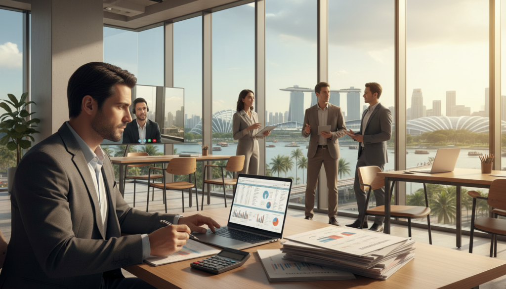 A photorealistic depiction of a remote business owner working outside Singapore, set in a modern co-working space. In the foreground, a focused individual in professional attire is seated at a sleek desk with a laptop and financial documents spread out, symbolizing tax considerations. The middle ground features diverse colleagues engaged in discussions, some on video calls, highlighting a collaborative atmosphere. In the background, large windows reveal a bustling cityscape of Singapore under bright, natural sunlight, emphasizing the connection between local and international work environments. The overall mood is productive and professional, with clean lines, soft shadows, and a warm color palette to enhance creativity and focus. A photorealistic depiction of a remote business owner working outside Singapore, set in a modern co-working space. In the foreground, a focused individual in professional attire is seated at a sleek desk with a laptop and financial documents spread out, symbolizing tax considerations. The middle ground features diverse colleagues engaged in discussions, some on video calls, highlighting a collaborative atmosphere. In the background, large windows reveal a bustling cityscape of Singapore under bright, natural sunlight, emphasizing the connection between local and international work environments. The overall mood is productive and professional, with clean lines, soft shadows, and a warm color palette to enhance creativity and focus.