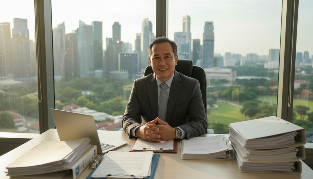 A photorealistic depiction of a resident director in a modern office environment, focusing on a middle-aged Southeast Asian man in professional business attire, with a confident and approachable expression. He is seated at a sleek desk cluttered with legal documents and a laptop, emphasizing his role in overseeing company compliance. In the background, large windows cast soft, natural light into the room, highlighting a view of Singapore’s skyline, with skyscrapers and greenery. Warm, inviting lighting creates a professional yet comfortable atmosphere. The lens captures a slightly angled perspective, showcasing the director engaged in thoughtful work, embodying the essence of effective management and legal adherence in a global business context.