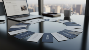 A photorealistic depiction of a sleek and modern business card selection, arranged on a glossy black table. In the foreground, focus on an array of professional business cards showcasing different designs and colors, each with an elegant typography that suggests sophistication. In the middle ground, include a well-organized, professional workspace featuring a laptop, a notepad, and a cup of coffee, subtly hinting at a business environment. The background should display a blurred office setting with large windows allowing natural light to flood the scene, creating a warm and inviting atmosphere. The overall mood should reflect professionalism and clarity, perfect for illustrating the process of choosing the best business card solution for corporate needs.
